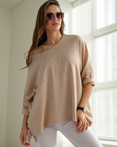 Bluză din viscoză pentru femei Royalfashion cu lettering din strassuri