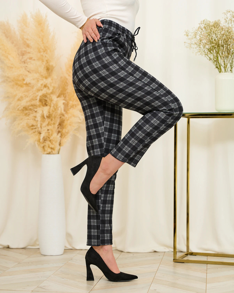 Royalfashion Pantaloni cu carouri gri din țesătură largă pentru femei negre