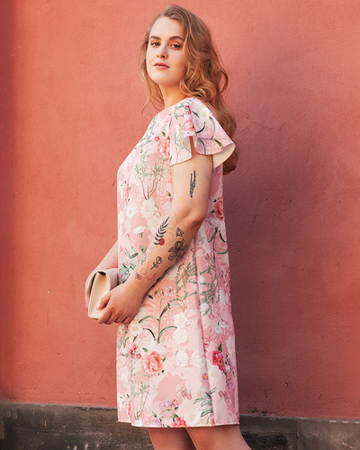 Rochie trapezoidală florală roz de damă - Îmbrăcăminte