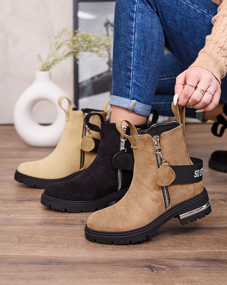 Royalfashion Cizme maro din eco-suede maro cu curea și fermoare Redmisala