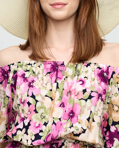 Rochie până la genunchi roz închis cu model floral multicolor - Îmbrăcăminte