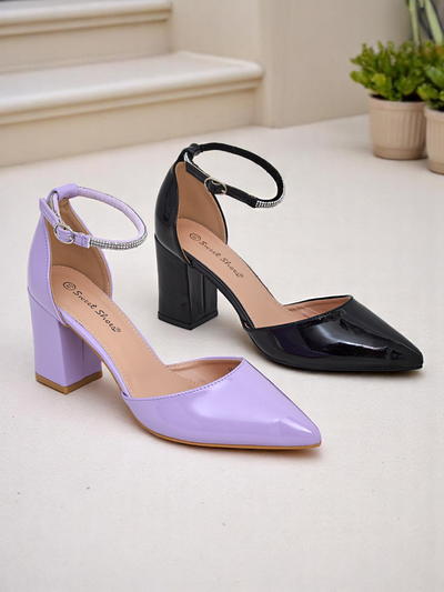 Royalfashion Pantofi cu toc pentru femei din piele ecologică lacuită cu o curea decorată cu cristale Furoni