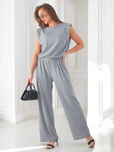 Set din viscoză ribbed pentru femei Royalfashion, fără mâneci și cu pantaloni evazați