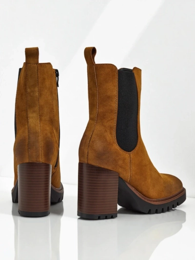 Botine de damă Soreya din piele ecologică intoarsă cu toc gros