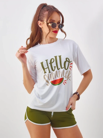Set sportiv pentru femei Royalfashion cu tricou și șorturi Hello Summer