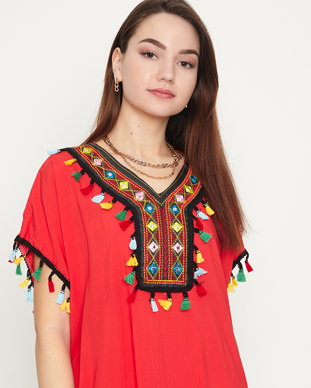 Tunica de plaja dama rosie de vara cu franjuri - Imbracaminte