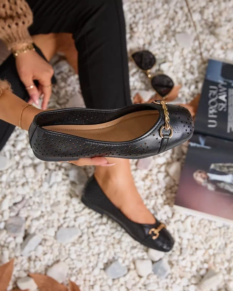 Balerini negri de damă traforați cu ornament auriu Serilla- Footwear