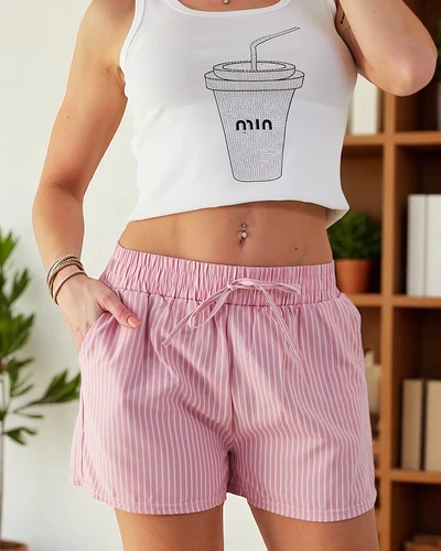 Pantaloni scurți Royalfashion pentru femei cu talie elastică și șnururi într-un model în dungi