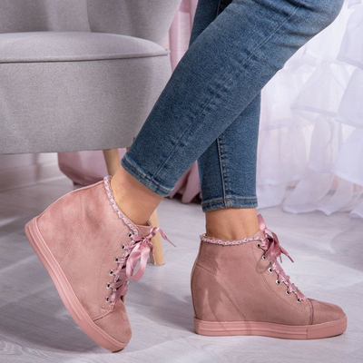 Różowe sneakersy na krytym koturnie wiązane wstążką Isabela- Obuwie