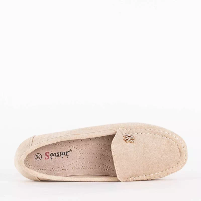 OUTLET Mocasini de dama bej din piele intoarsa ecologica cu decor Pixila - Incaltaminte