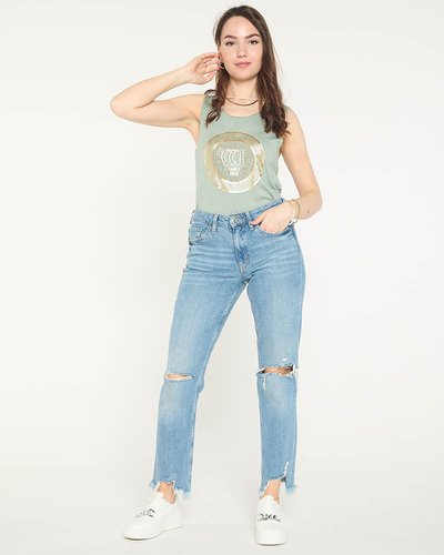 Bluză verde închis pe umăr cu imprimeu și zirconiu cubic - Îmbrăcăminte