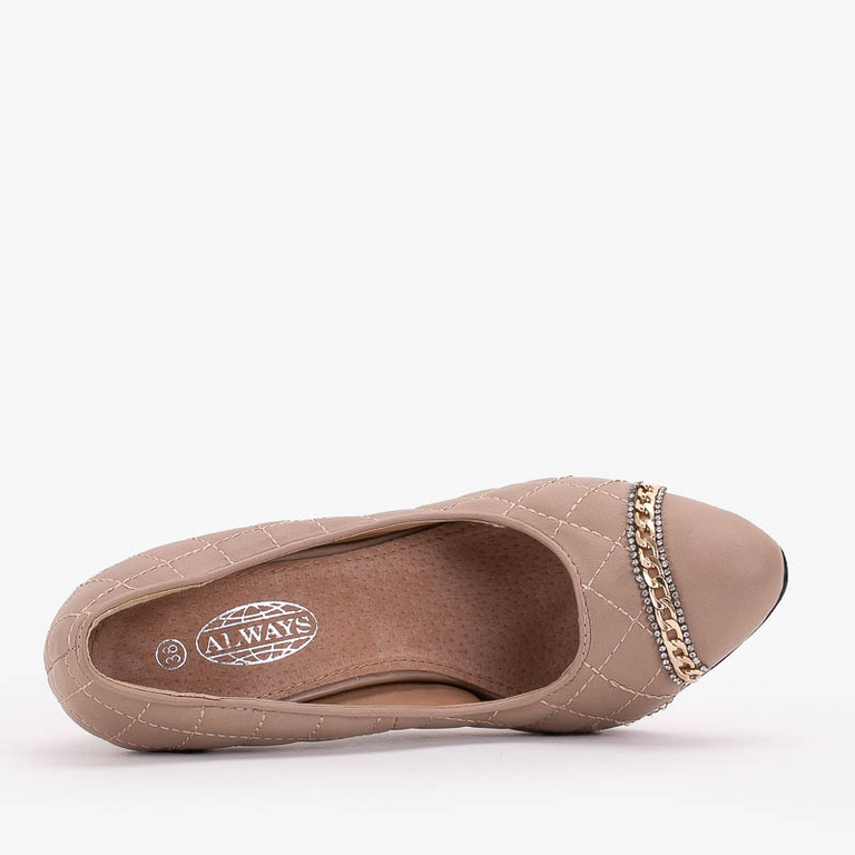 Pompi de dama bej matlasati pe stiletto cu Rilas - Pantofi impodobit