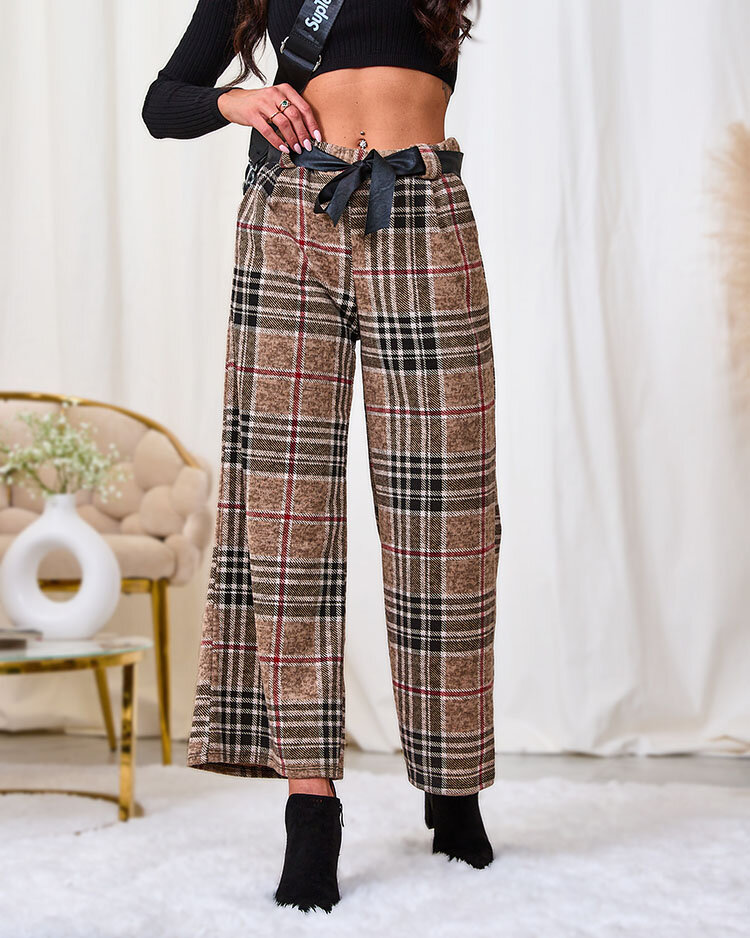 Royalfashion Pantaloni largi pentru femei bej cu carouri