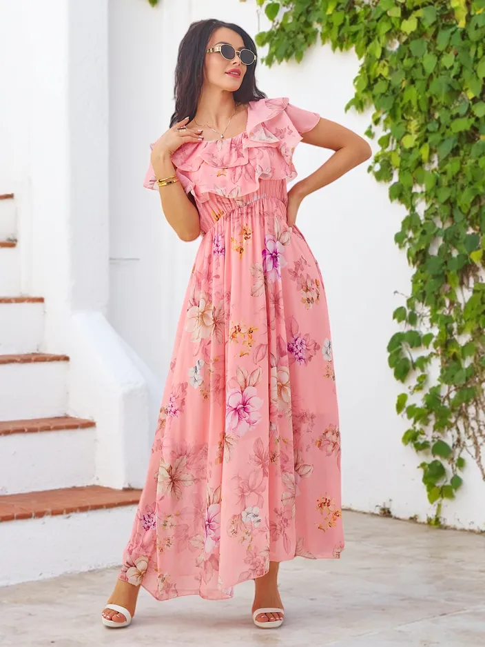 Rochie off-the-shoulder pentru femei cu mâneci scurte în flori asortate