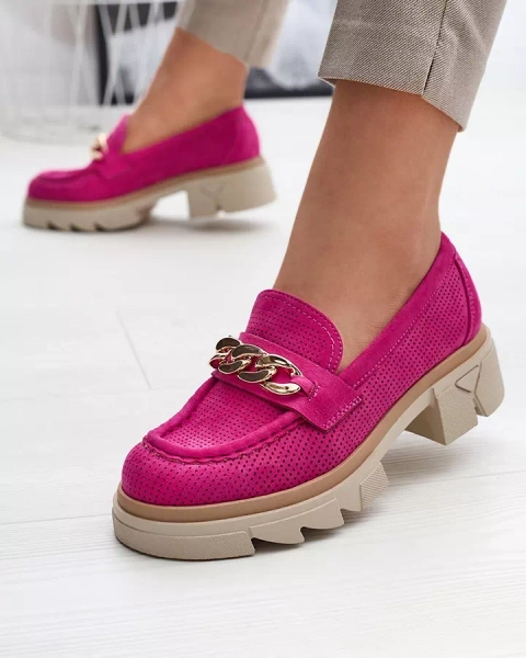 Royalfashion Mocasini din eco-suede cu ornament auriu în fucsia Zaffix
