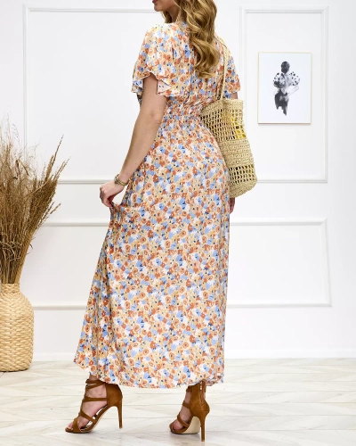 Rochie midi florală pentru femei, portocalie și albastră - Pantofi