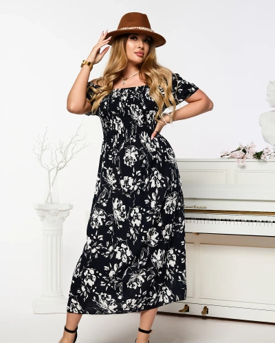 Rochie midi neagră pentru femei cu model floral - Îmbrăcăminte