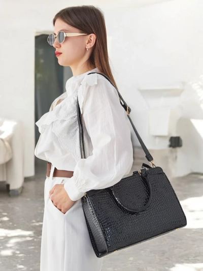 Royalfashion Geantă elegantă din piele ecologică lăcuită pentru femei, cu modelare