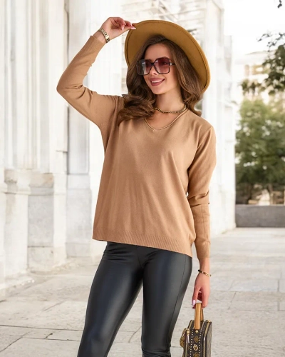 Royalfashion Pulover pentru femei Camel cu decolteu în formă de inimă