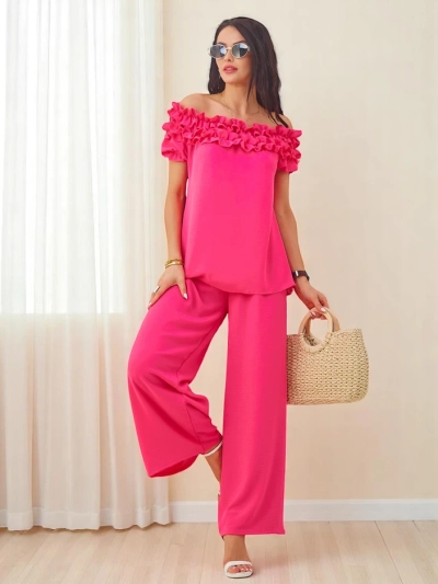 Royalfashion Set femei cu bluză off-the-shoulder cu mâneci scurte și decolteu decorativ și pantaloni evazați