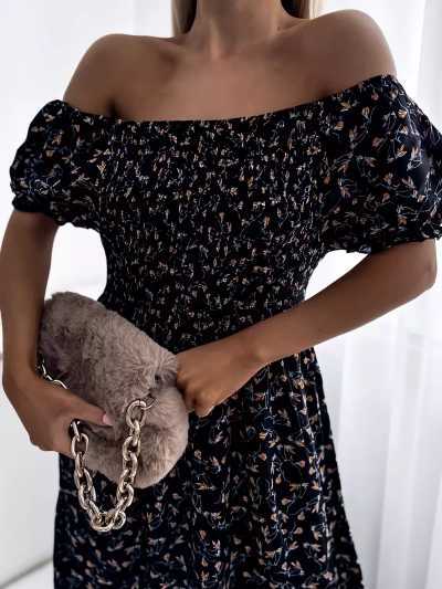 Rochie midi neagră florală pentru femei - Îmbrăcăminte
