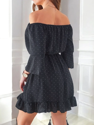 Royalfashion Rochie mini pentru femei, cu umeri goi, mâneci lungi și strassuri