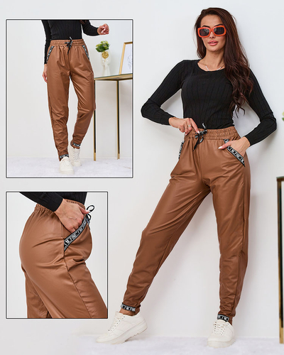 Royalfashion Pantaloni lejere pentru femei din piele ecologică, culoare camel