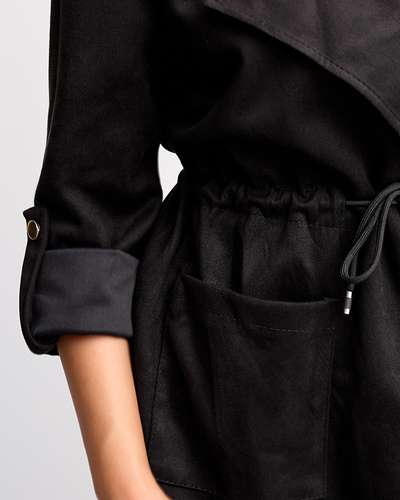Jachetă pelerina de damă din piele ecologică neagră cu cravată în talie - Îmbrăcăminte