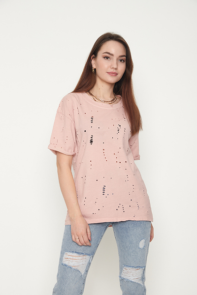 Tricou de damă din bumbac cu găuri decorative în roz pastel - Îmbrăcăminte
