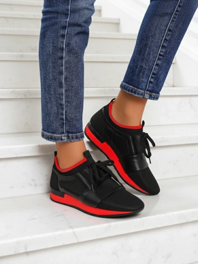 Sneakers de damă Artemida Nero din material textil și piele ecologică cu accent roșu