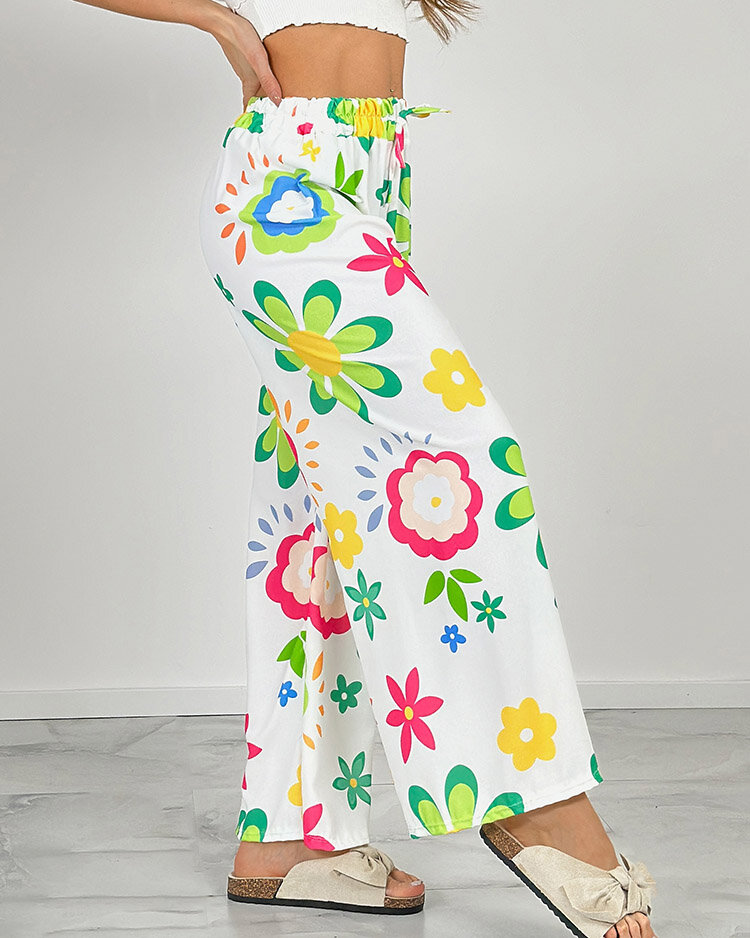 Royalfashion Pantaloni largi din țesătură cu motive florale pentru femei