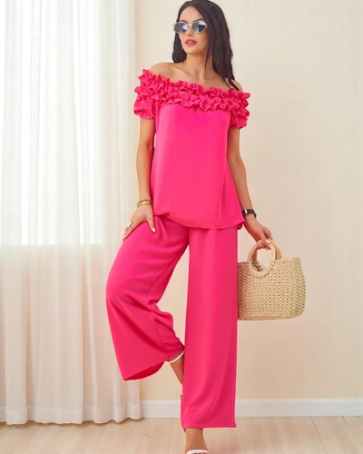 Royalfashion Set femei cu bluză off-the-shoulder cu mâneci scurte și decolteu decorativ și pantaloni evazați
