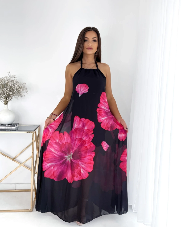 Rochie midi de damă neagră cu flori fucsia- Îmbrăcăminte