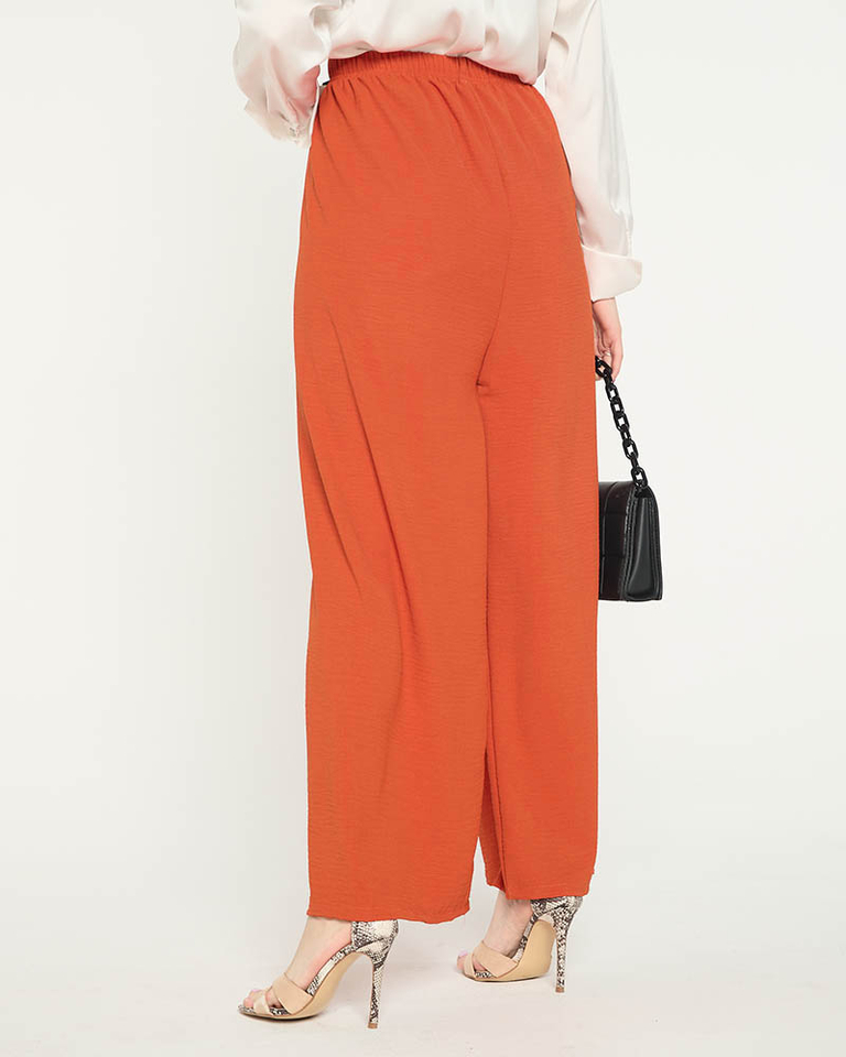 Pantaloni palazzo largi portocalii de damă cu bandă cravată în talie - Îmbrăcăminte
