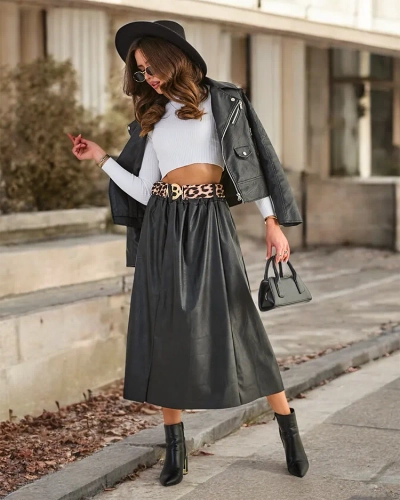 Fusta midi din piele ecologică pentru femei Royalfashion