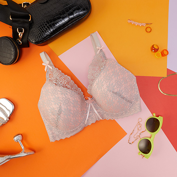 Sutien roz de dama cu dantela gri - Lenjerie intima