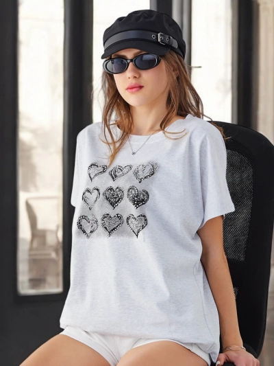 Royalfashion Tricou din bumbac pentru femei Cu multe inimi