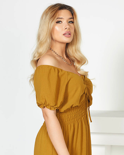 Rochie midi cu talie elastica - culoare mustar - Imbracaminte