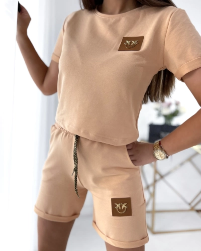 Royalfashion Set sport pentru femei din două piese bej cu petice