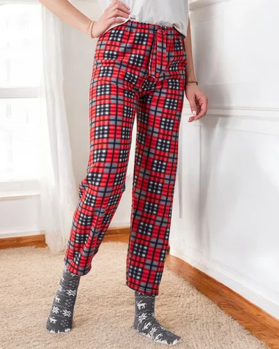 Royalfashion Pantaloni de pijama pentru femei din bumbac cu motiv de Crăciun, în carouri