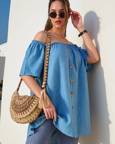 Bluză din bumbac pentru femei Royalfashion în stil spaniol cu butoane decorative