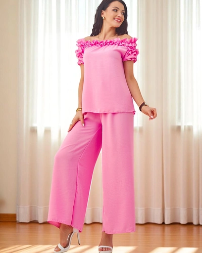 Royalfashion Set de femei cu bluză cu mâneci scurte, off-the-shoulder și decolteu decorativ, și pantaloni evazați