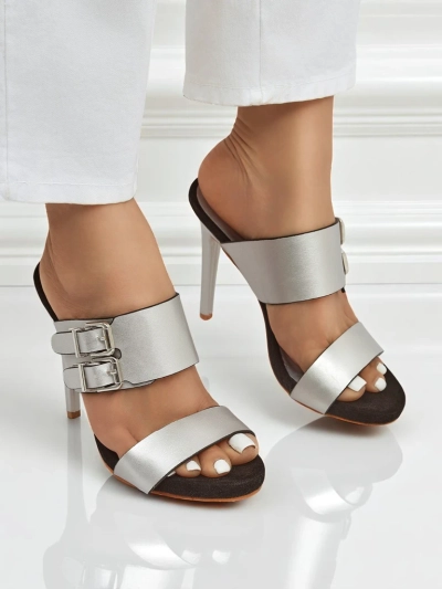 Sandale Aletheia argintii cu toc stiletto de 12 cm din piele ecologică cu curele
