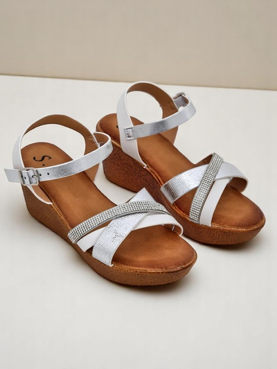 Sandale cu toc wedge Royalfashion pentru femei, cu pietre strass și sclipici Glittera