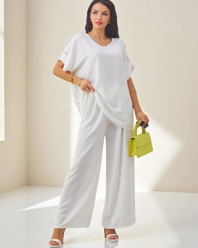 Royalfashion Set de două piese pentru femei din bumbac, cu mâneci scurte și pantaloni largi