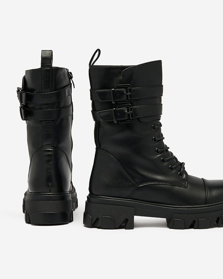 Royalfashion Cizme bagger de damă din piele ecologică de culoare neagră Faserti