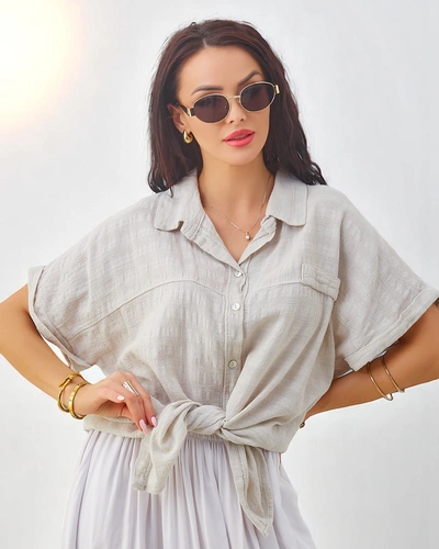 Royalfashion Cămașă din bumbac pentru femei cu embosare și mâneci scurte