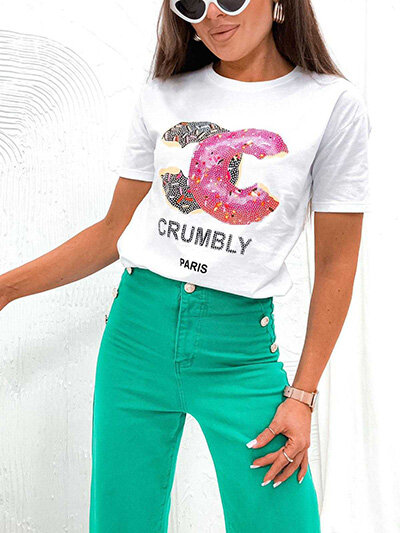 Royalfashion Tricou pentru femei cu imprimeu și zirconii