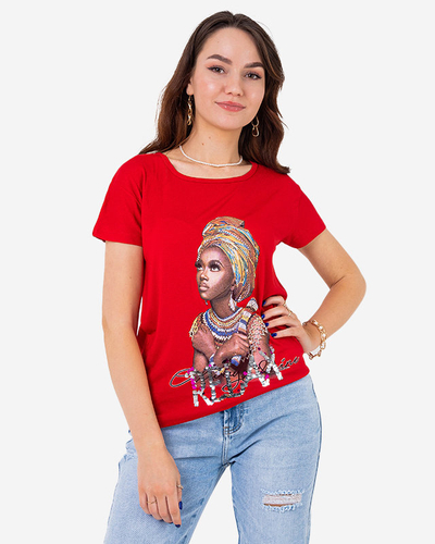 Tricou de dama rosu cu imprimeu colorat si paiete - Imbracaminte