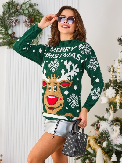 Royalfashion Pulover de Crăciun pentru femei verde închis cu ren